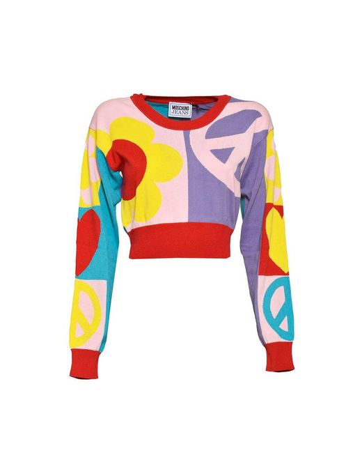Moschino Multicolor Jeans Patterned Intarsia-knitted Scoop Neck Jumper