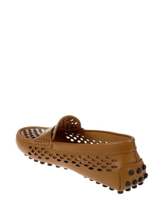 Tod's Brown Logo Engraved Perforated Loafers