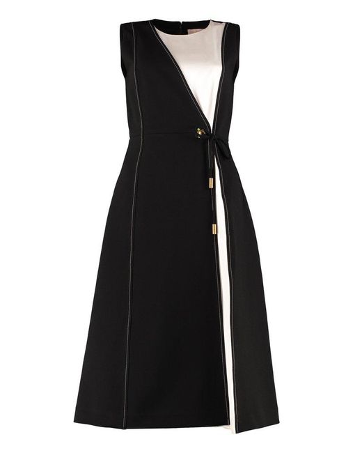 Tory Burch Black Wrap-effect Layered Crepe And Hammered-satin Midi Dress
