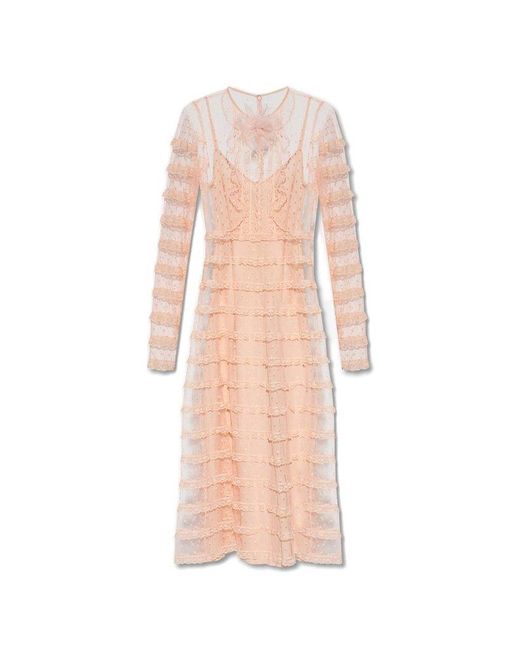 RED Valentino Pink Red Lace Trim Long-sleeved Midi Dress