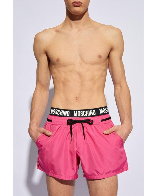 Moschino Pink Logo Waistband Drawstring Swim Shorts for men