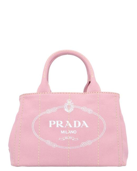 Prada Pink Logo Print Canvas Tote Bag