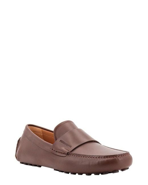 Ferragamo Brown Rounded Toe Leather Loafers for men