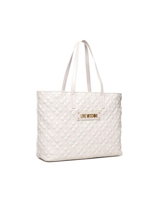 Love Moschino White Lettering Logo Quilted Shopper Bag