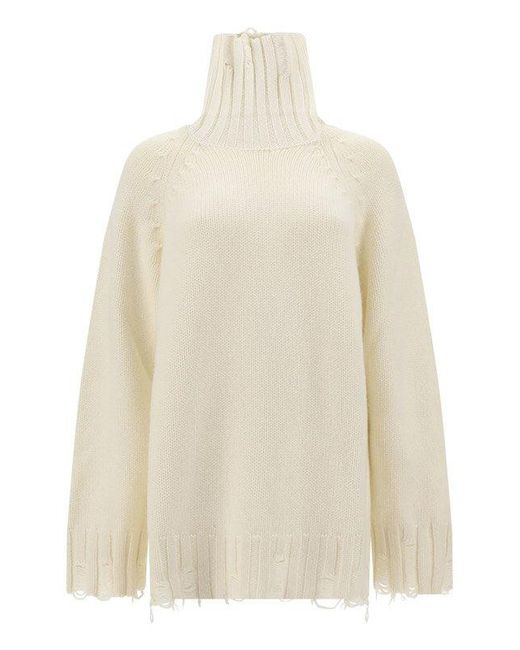 Malo White Roll-neck Knitted Distressed Jumper