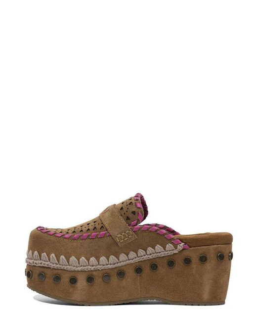 Mou Brown Overstitch Clogs