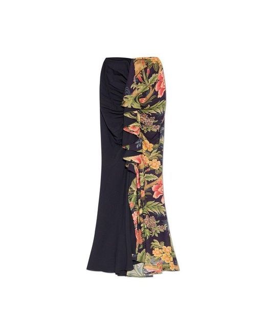Etro Black Floral Printed Gathered Flared Skirt