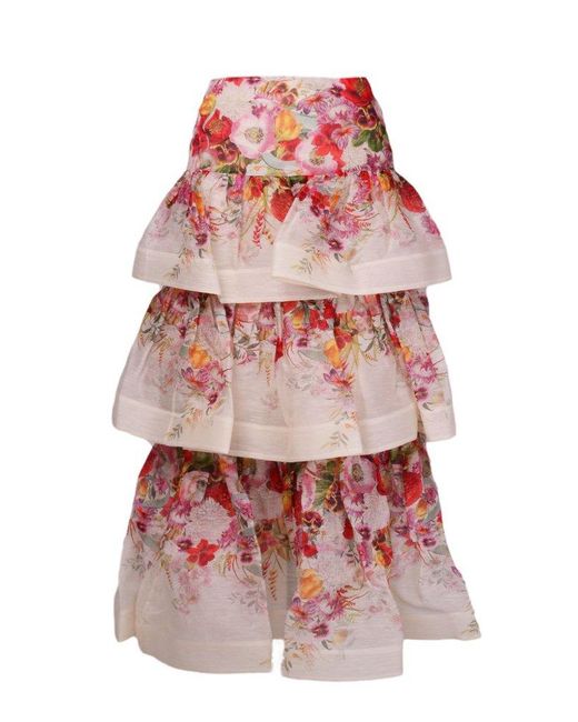 Zimmermann Wonderland Floral-printed Tiered Flared Skirt