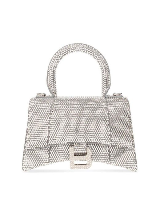 Balenciaga White Hourglass Crystal Embellished Top Handle Bag