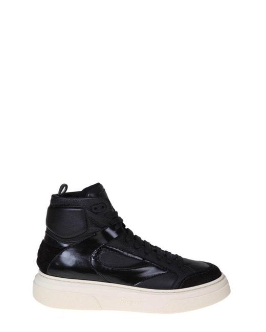 Ferragamo Black High Cassio Sneakers In Leather And Suede for men