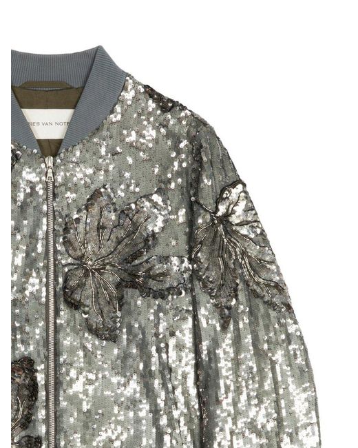 Dries Van Noten Gray Slim Fit Bomber Jacket With Sequin Decoration for men