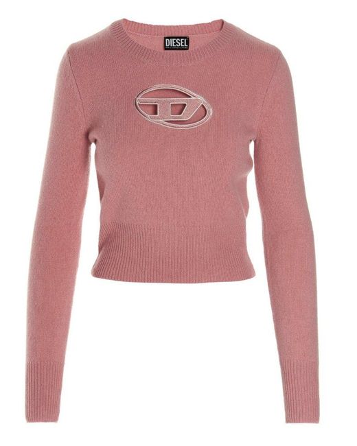 DIESEL Pink Logo Embroidered Ribbed Cropped Sweater