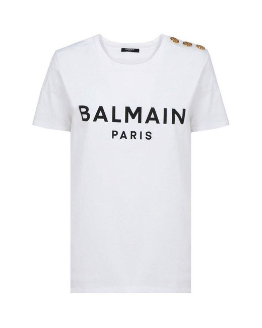 Balmain White Logo Printed Crewneck T-shirt