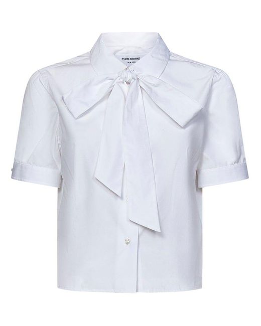 Thom Browne Blue Bow-embellished Short-sleeved Poplin Shirt