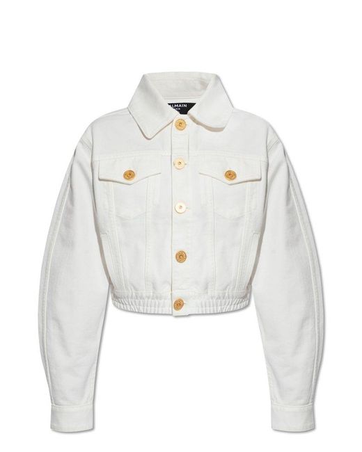 Balmain White Cropped Denim Jacket,