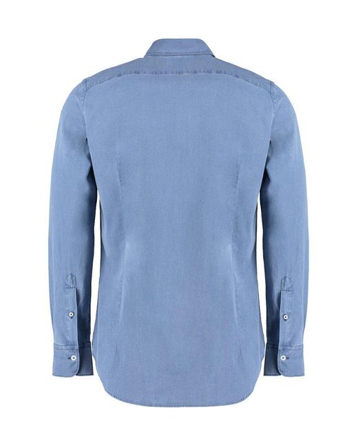Canali Blue Curved Hem Buttoned Denim Shirt for men