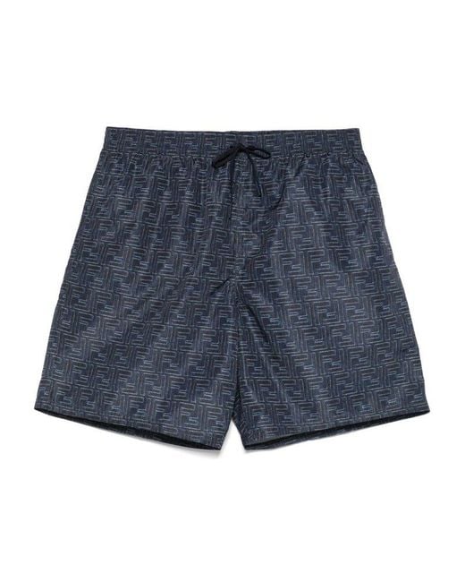 Fendi Blue Ff Printed Drawstring Swim Shorts for men