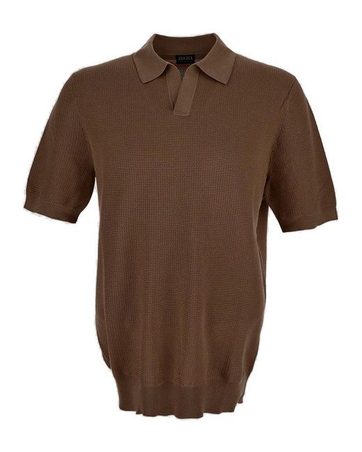 Zegna Brown Short Sleeved Knitted Polo Shirt for men
