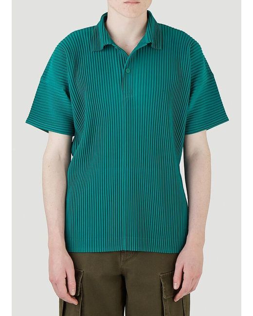 Homme Plissé Issey Miyake Green Pleated Polo Shirt for men