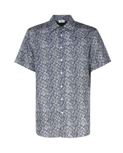 Etro Blue Patterned Short-sleeved Shirt for men