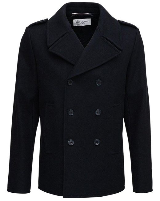 Saint Laurent Double Breasted Pea Coat in Blue for Men | Lyst
