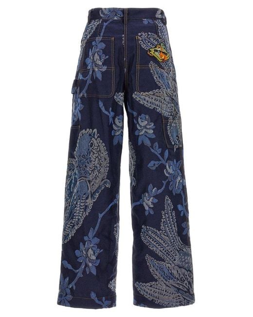 Etro Blue Floral Print Wide-leg Pants