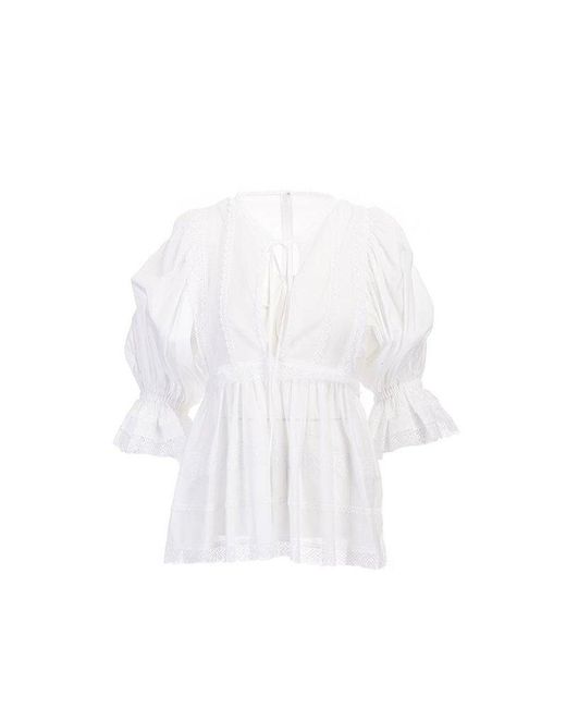 Dolce & Gabbana White Lace Trim Short-Sleeved Blouse