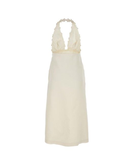 Valentino White Floral-appliqué Open Back Sleeveless Dress