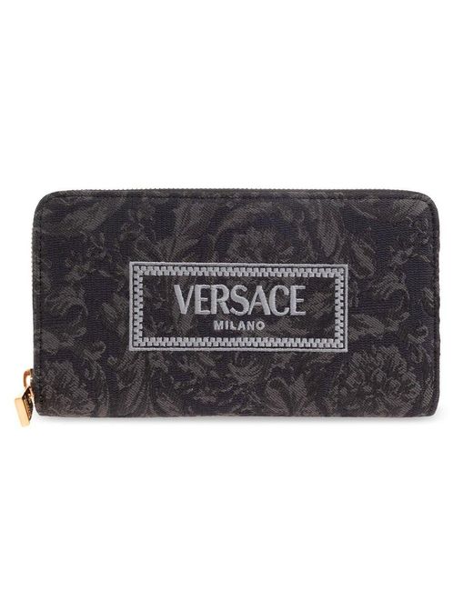 Versace Black Logo-embroidered Zip-up Wallet