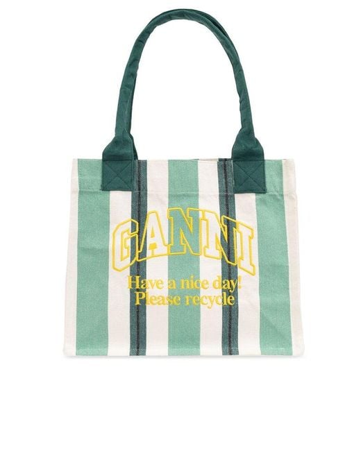 Ganni Green Shopper Bag With Logo,