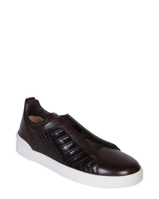 Zegna Black Triple Stitch Embossed Low-top Sneakers for men