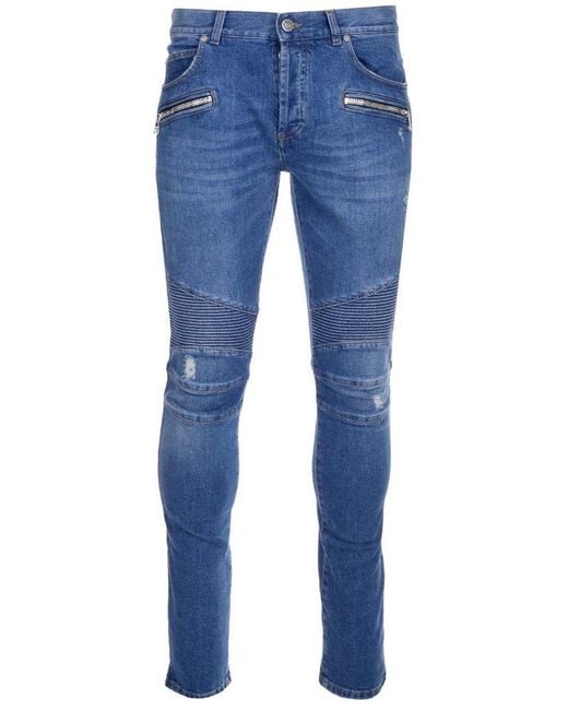 Balmain Blue Biker Distressed Skinny Jeans for men