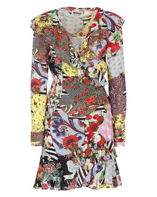 Moschino Gray Jeans Floral-printed Long-sleeved Mini Dress