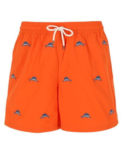Polo Ralph Lauren Orange Shark Printed Drawstring Swim Shorts for men