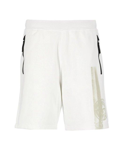 Stone Island White Logo Printed Elasticated Waist Shorts for men