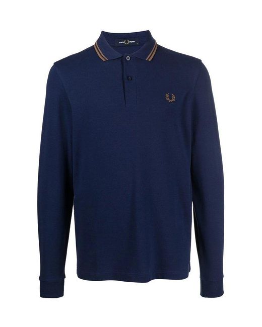 Fred Perry Blue Logo Embroidered Long-sleeved Polo Shirt for men