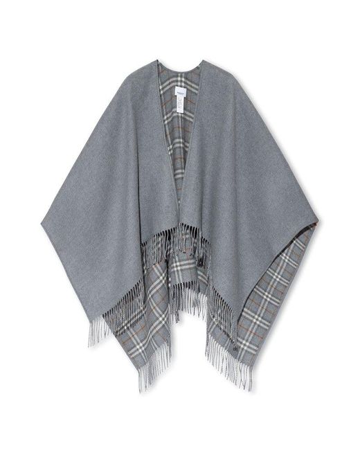 Burberry Gray Checked Fringed Edge Reversible Cape