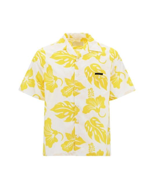 Prada Yellow Allover Floral Printed Short Sleeved Shirt for men