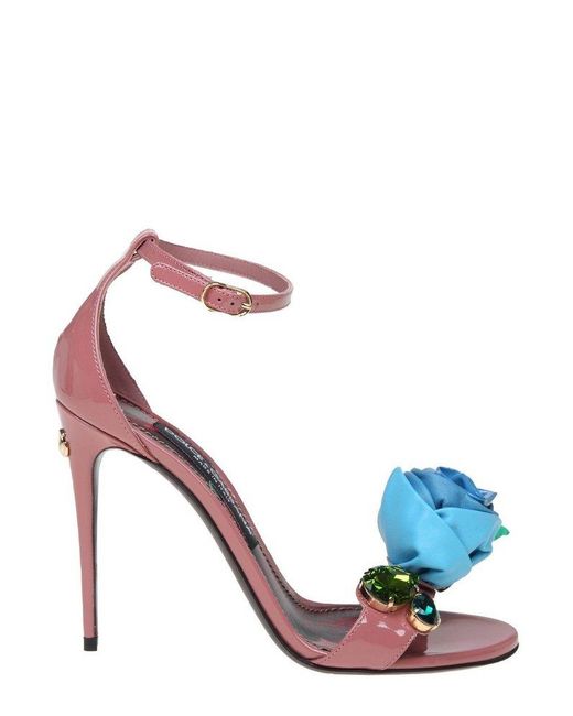 Dolce & Gabbana Floral Detailed Ankle Strap Sandals in Pink | Lyst