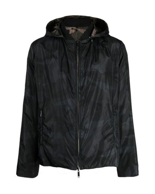 Valentino Black Camouflage Print Zip-Up Hooded Jacket for men
