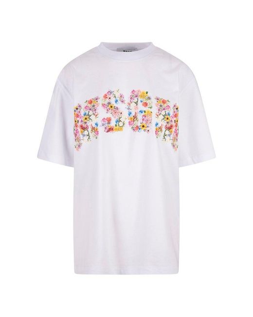 MSGM White T-Shirt With Floral College Logo