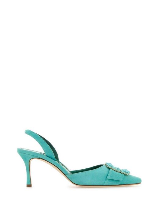 Manolo Blahnik Green Gibsli Embellished Slingback Pumps