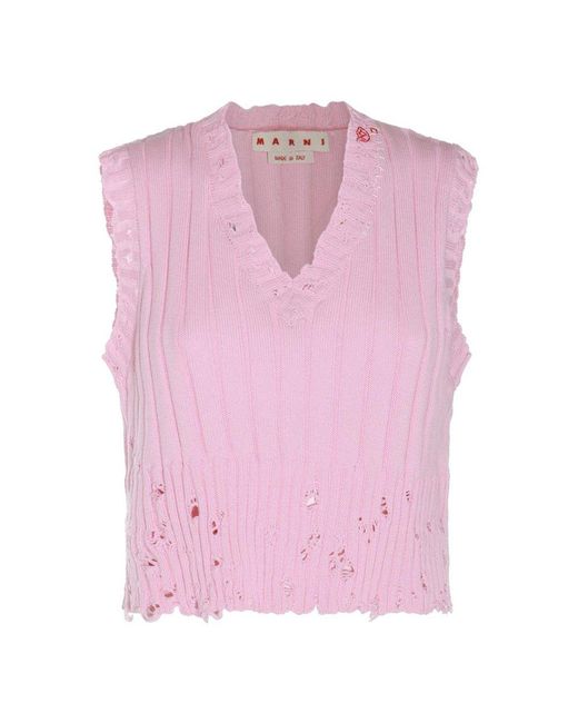 Marni Pink Logo-embroidered V-neck Distressed Knitted Vest