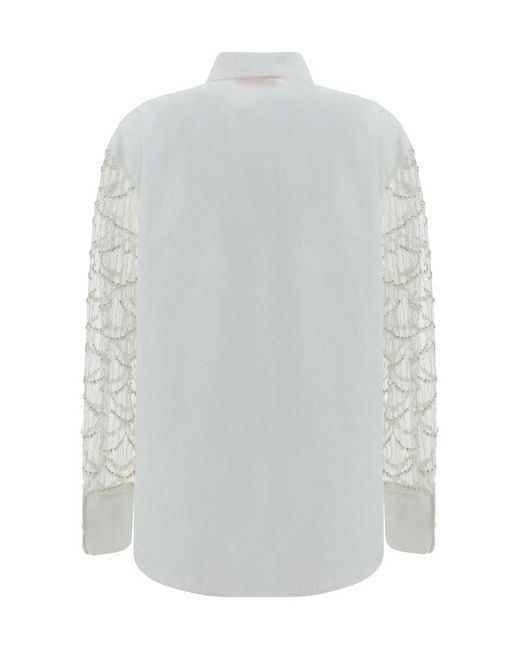 Valentino White Tulle Illusione Embroidered Straight Hem Shirt