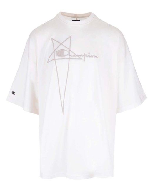 Rick Owens White X Champion Logo Embroidered T-shirt for men