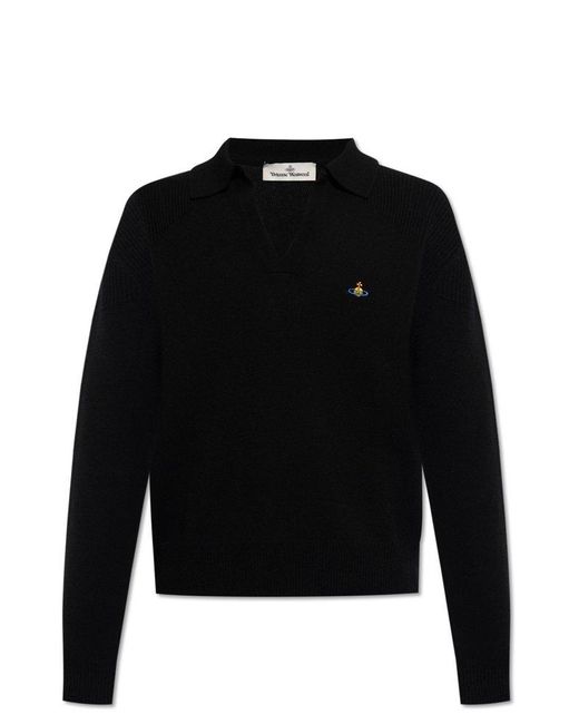 Vivienne Westwood Black Orb-embroidered Knitted Polo Shirt for men