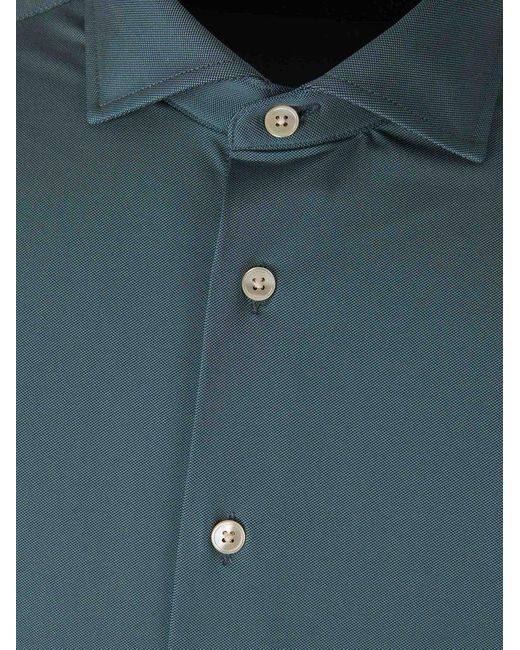 Traiano Blue Plain Stretch Button-Down Shirt for men