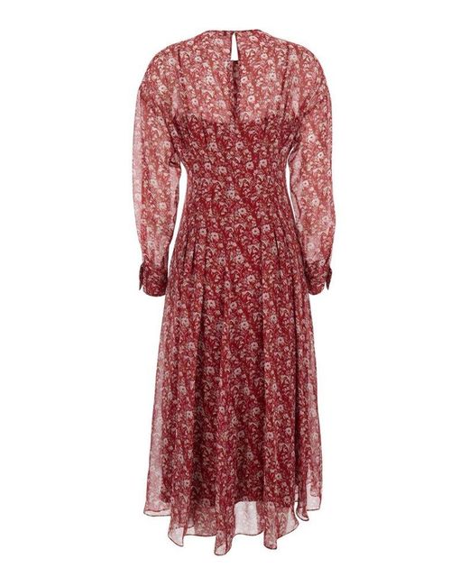 Max Mara Red 'Cariddi' Long Dress With All-Over Floral Motif In