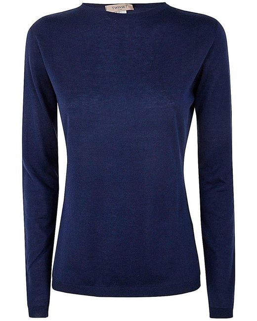 Twin Set Blue Fine-Ribbed Crewneck Jumper