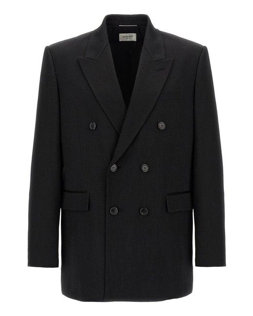 Saint Laurent Black Double-Breasted Satin Jacket for men